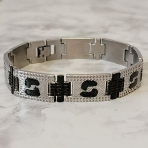 Mens Stainless Steel Bracelet Silver-tone‎ Black Link Heavyweight Jewelry Gift
